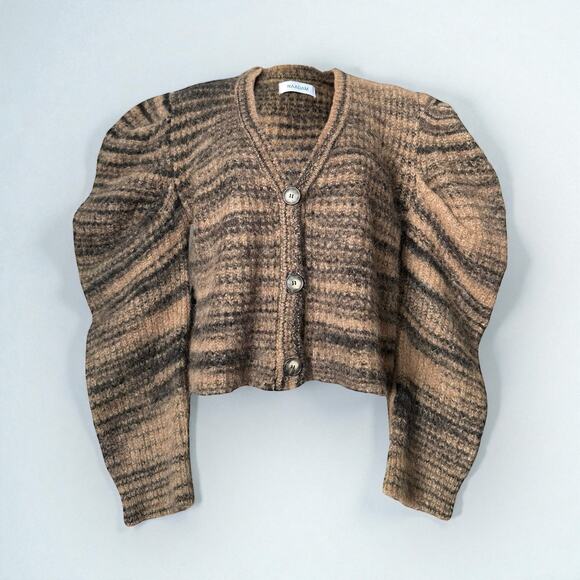 Naadam Space Dyed Stripe Puff Sleeve Baby Alpaca Cardigan, Size S, Brown - Picture 1 of 11